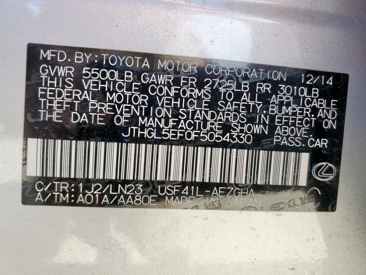 2015 Lexus Ls 460L VIN: JTHGL5EF0F5054330 Lot: 58452815