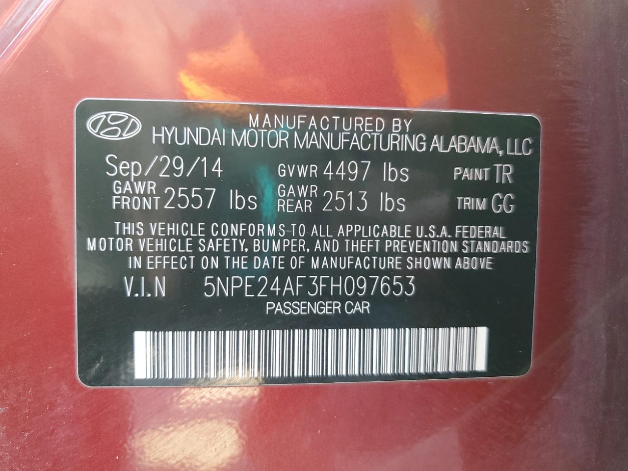 2015 Hyundai Sonata Se VIN: 5NPE24AF3FH097653 Lot: 61356875