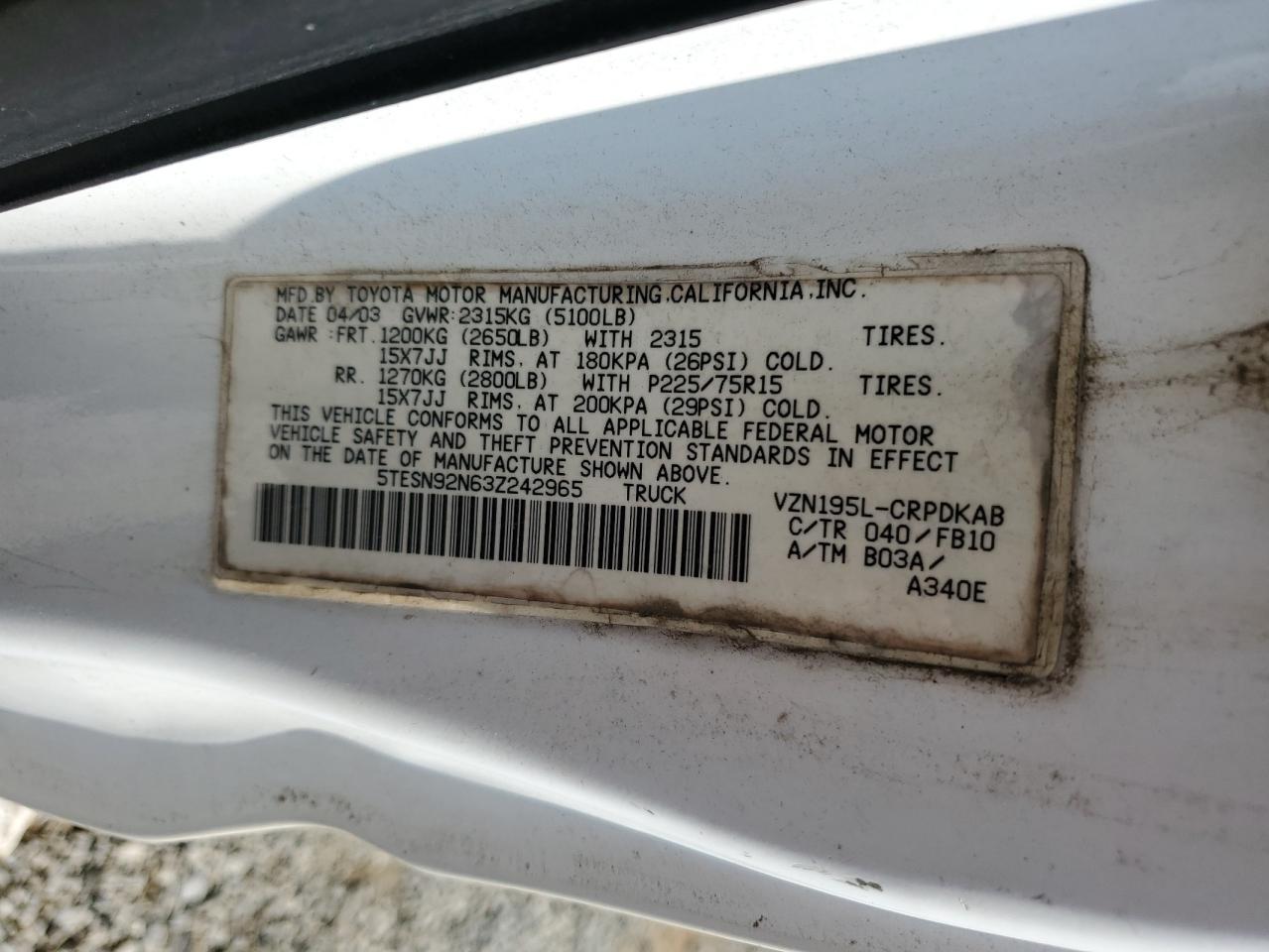 2003 Toyota Tacoma Xtracab Prerunner VIN: 5TESN92N63Z242965 Lot: 62559175
