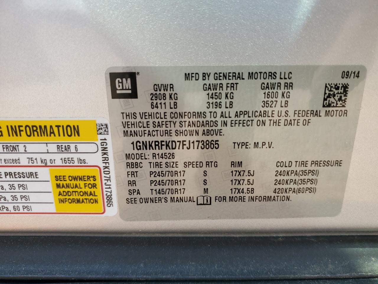 2015 Chevrolet Traverse Ls VIN: 1GNKRFKD7FJ173865 Lot: 62890215