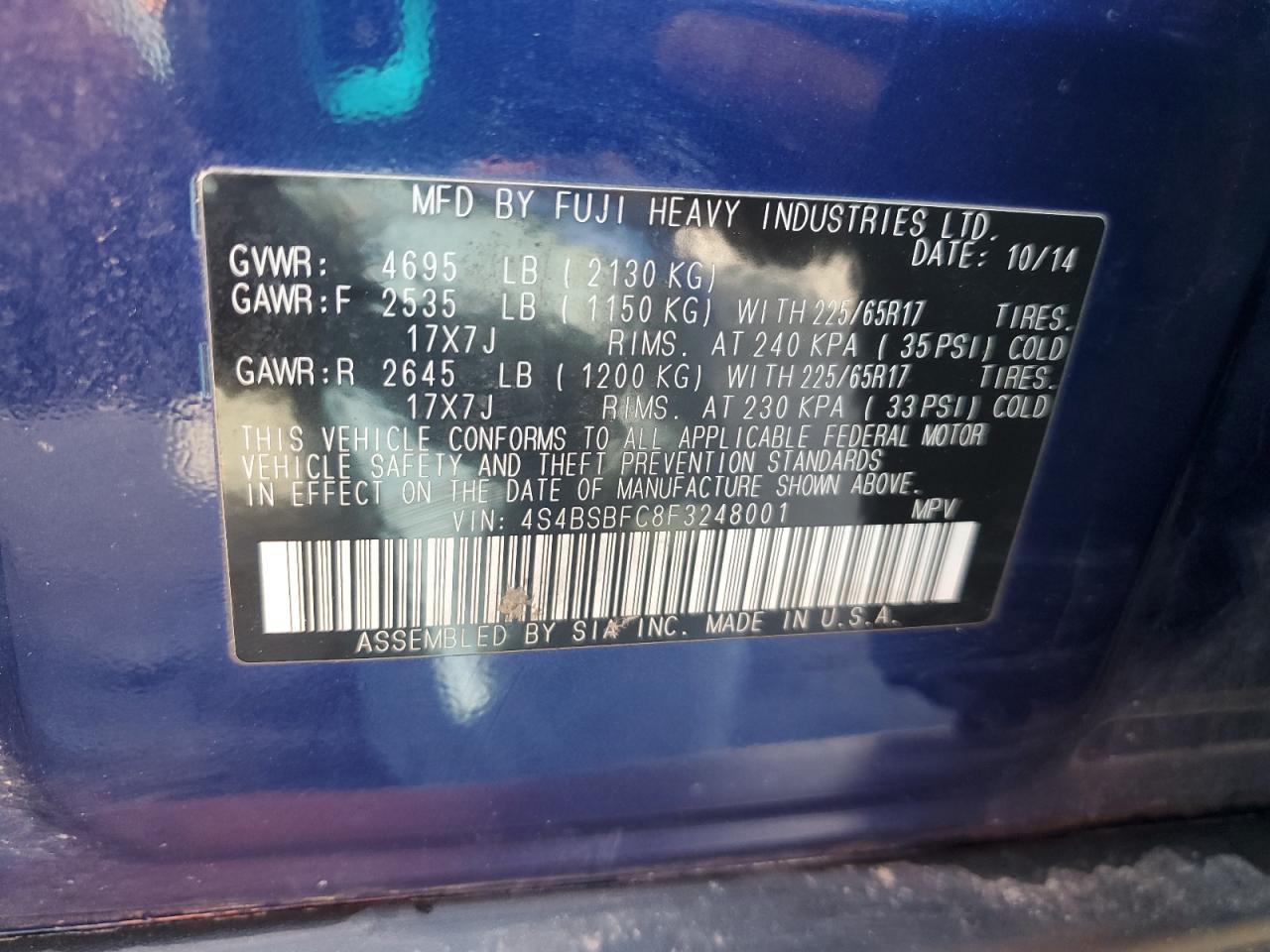 2015 Subaru Outback 2.5I Premium VIN: 4S4BSBFC8F3248001 Lot: 62942515