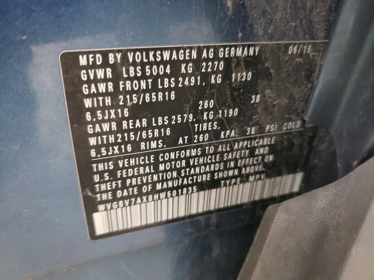 2017 Volkswagen Tiguan S VIN: WVGBV7AX8HW501835 Lot: 58415625