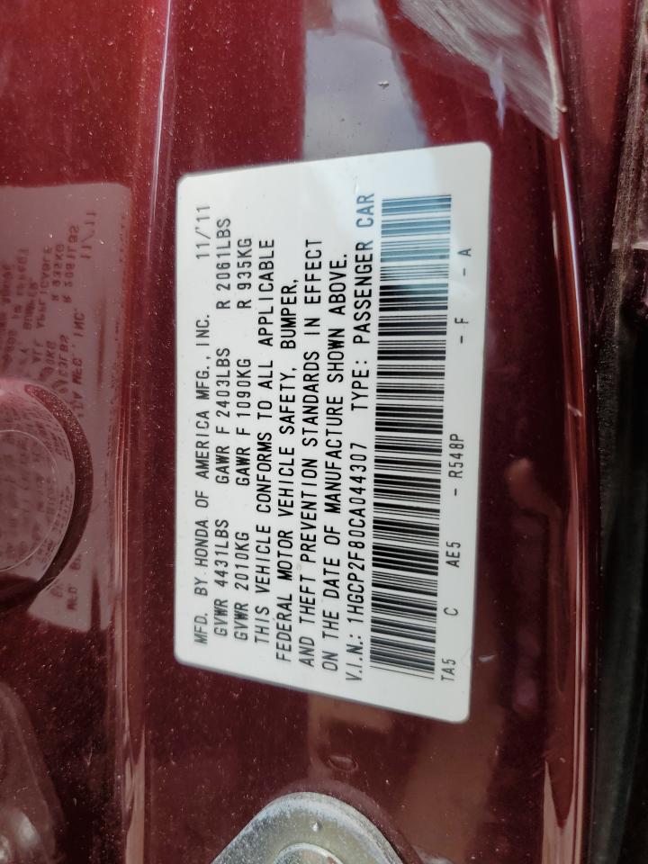2012 Honda Accord Exl VIN: 1HGCP2F80CA044307 Lot: 60938345