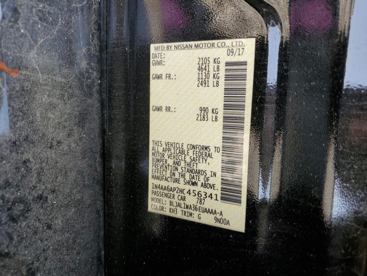 2017 Nissan Maxima 3.5S VIN: 1N4AA6AP2HC456341 Lot: 59521585