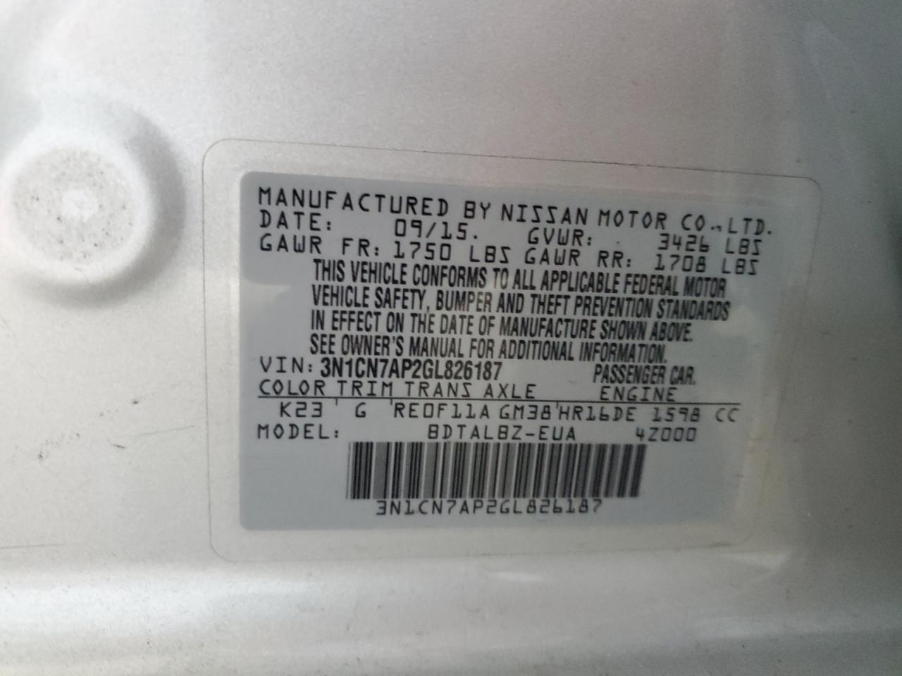 2016 Nissan Versa S VIN: 3N1CN7AP2GL826187 Lot: 62743485