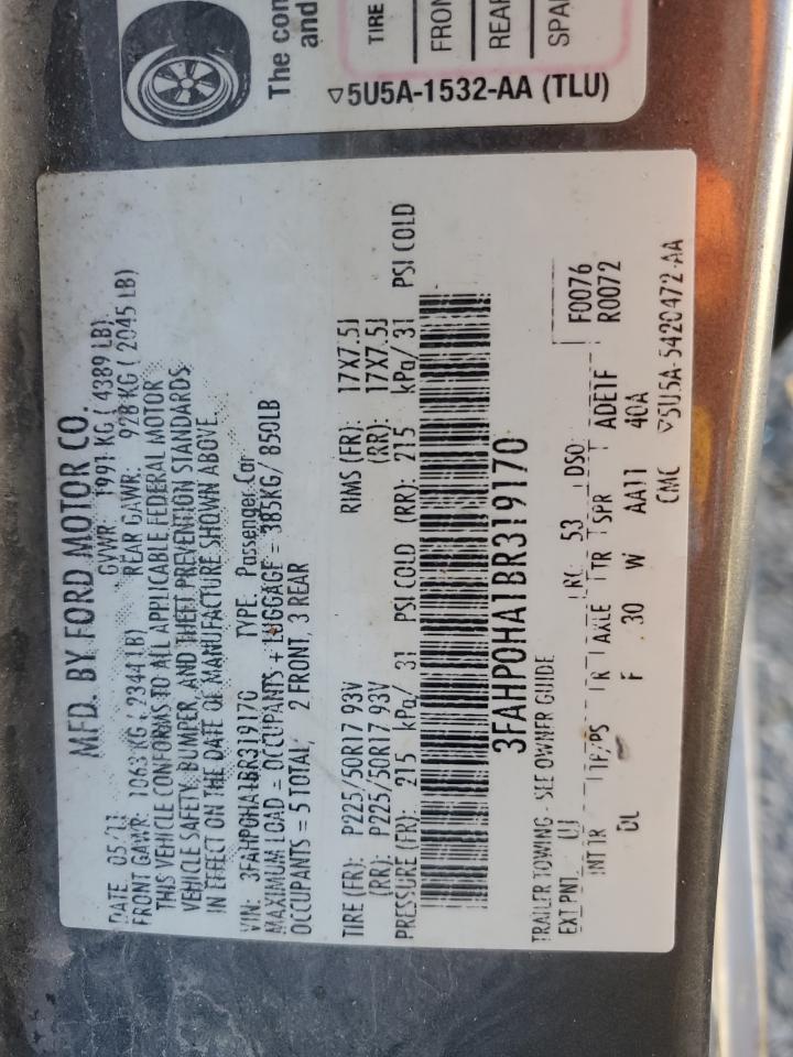 2011 Ford Fusion Se VIN: 3FAHP0HA1BR319170 Lot: 62195455