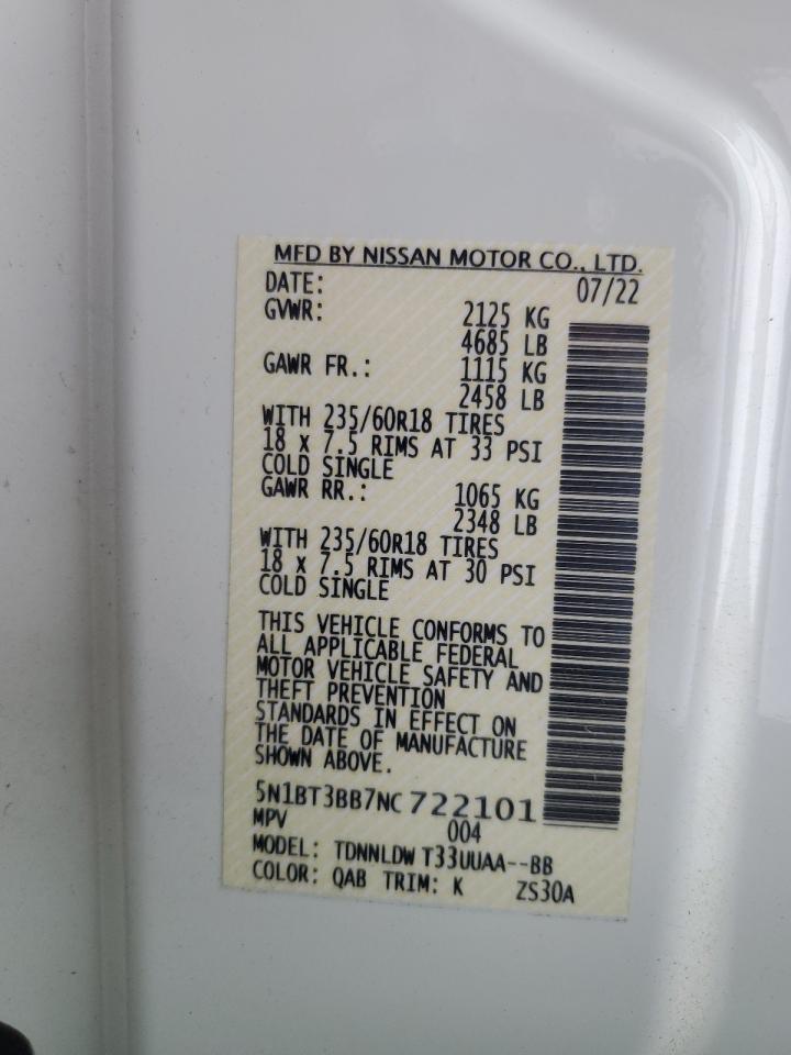 2022 Nissan Rogue Sv VIN: 5N1BT3BB7NC722101 Lot: 60922805
