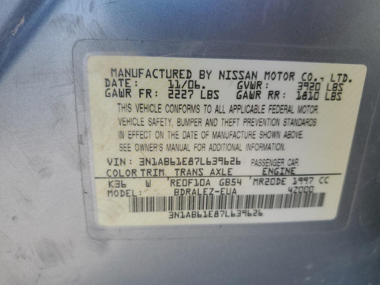 2007 Nissan Sentra 2.0 VIN: 3N1AB61E87L639626 Lot: 62150105