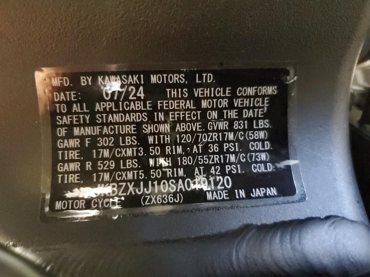 jkbzxjj10sa019120 JKBZXJJ10SA019120 2025 Kawasaki Zx636 K