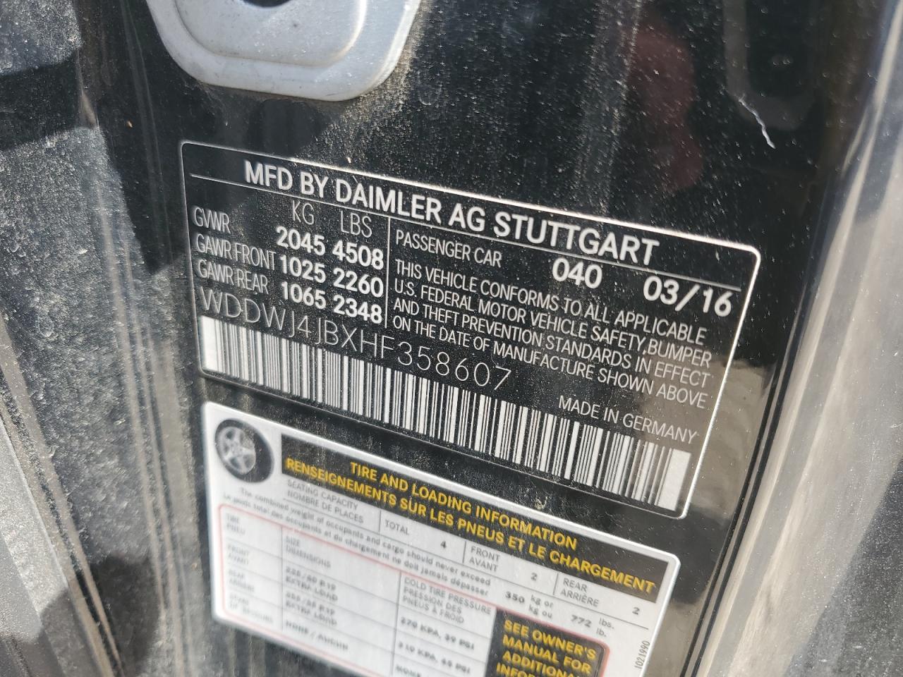 2017 Mercedes-Benz C 300 VIN: WDDWJ4JBXHF358607 Lot: 62714295