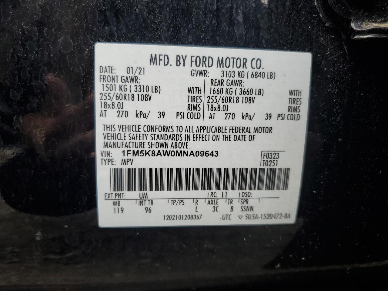 2021 Ford Explorer Police Interceptor VIN: 1FM5K8AW0MNA09643 Lot: 62646035