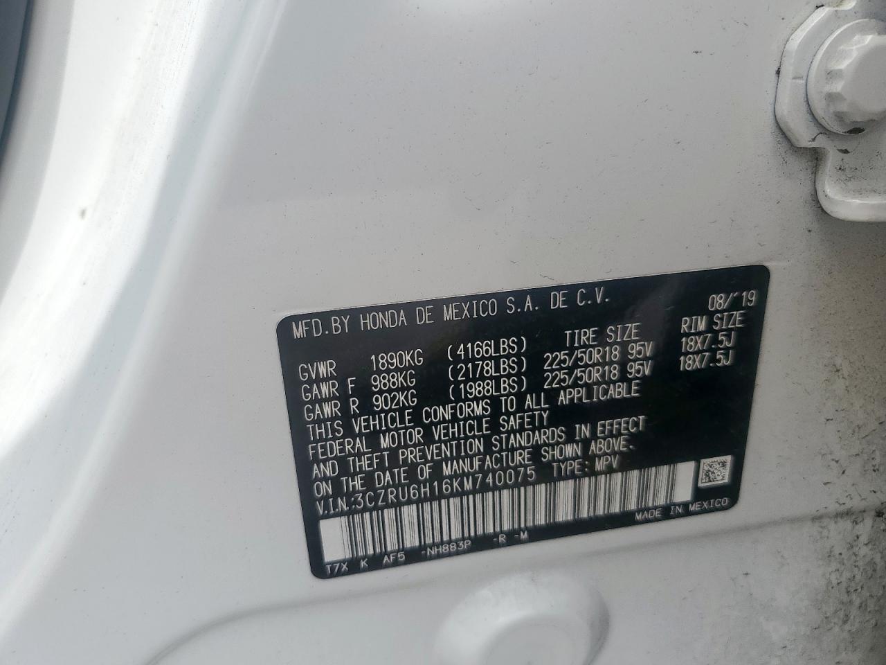 2019 Honda Hr-V Sport VIN: 3CZRU6H16KM740075 Lot: 60540735