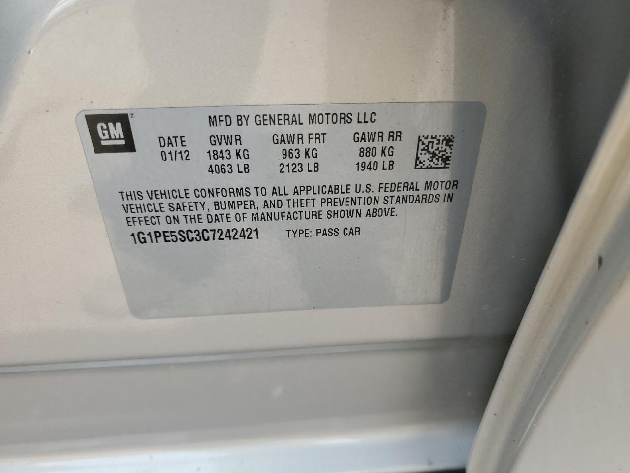 2012 Chevrolet Cruze Lt VIN: 1G1PE5SC3C7242421 Lot: 62139285