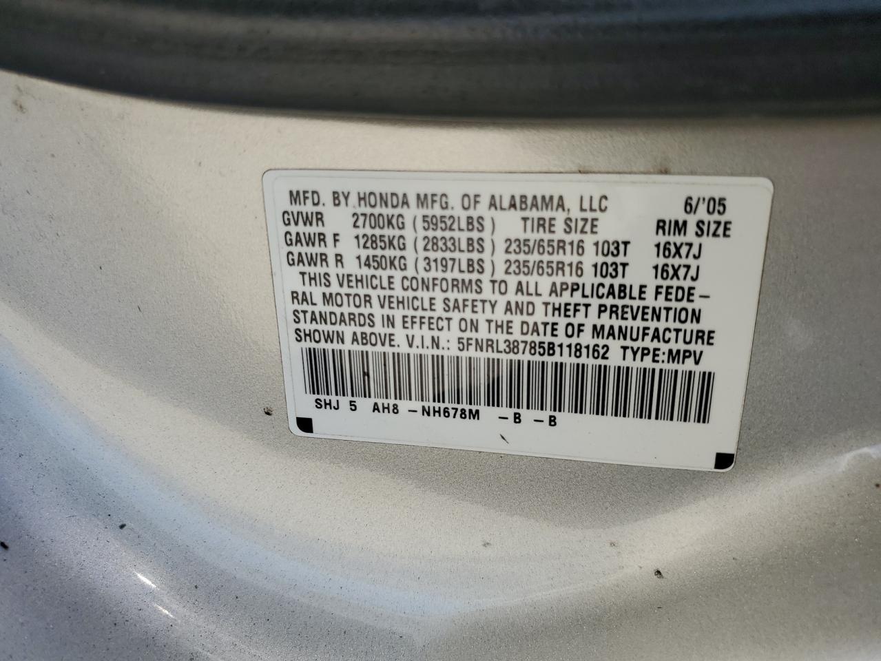 2005 Honda Odyssey Exl VIN: 5FNRL38785B118162 Lot: 61283165