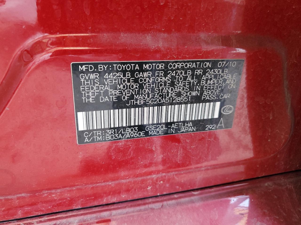 2010 Lexus Is 250 VIN: JTHBF5C20A5128551 Lot: 62420875
