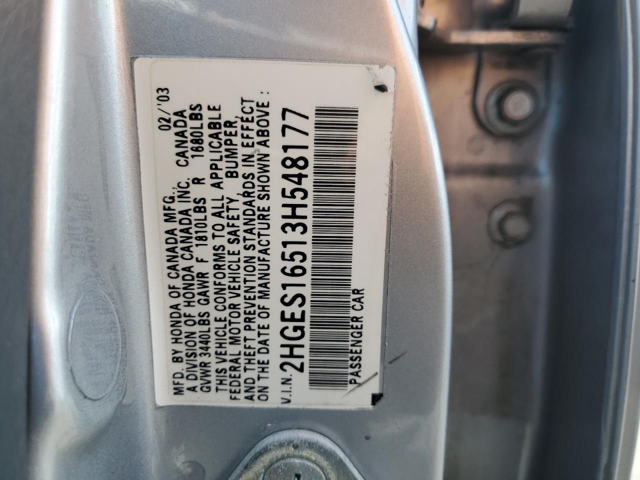 2003 Honda Civic Lx VIN: 2HGES16513H548177 Lot: 59939205
