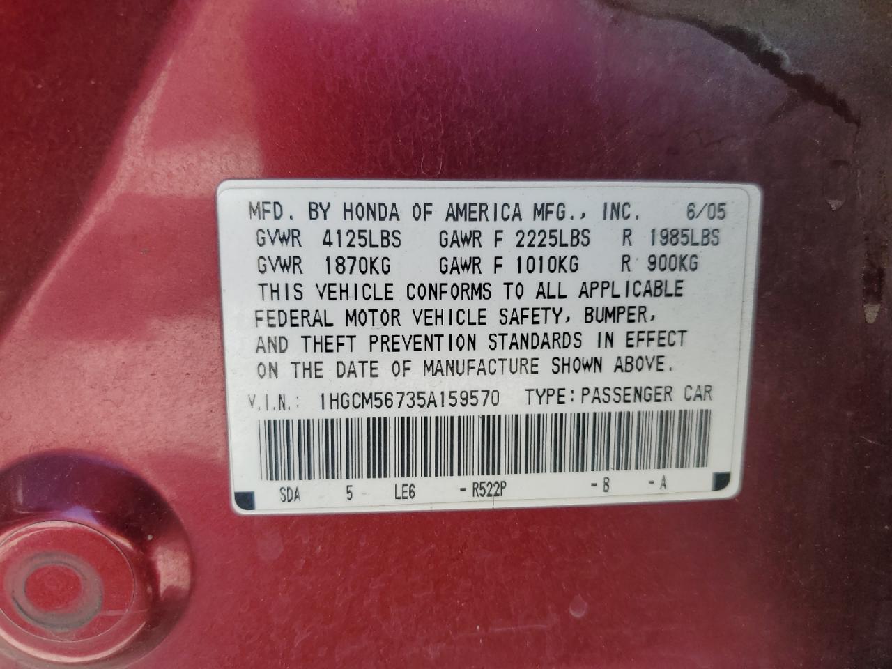 2005 Honda Accord Ex VIN: 1HGCM56735A159570 Lot: 62713315