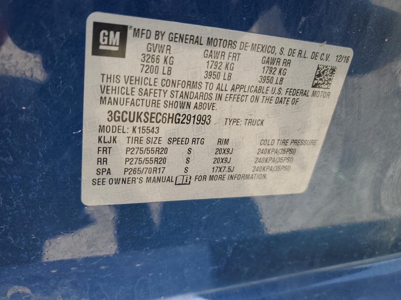 2017 Chevrolet Silverado K1500 Ltz VIN: 3GCUKSEC6HG291993 Lot: 62388385