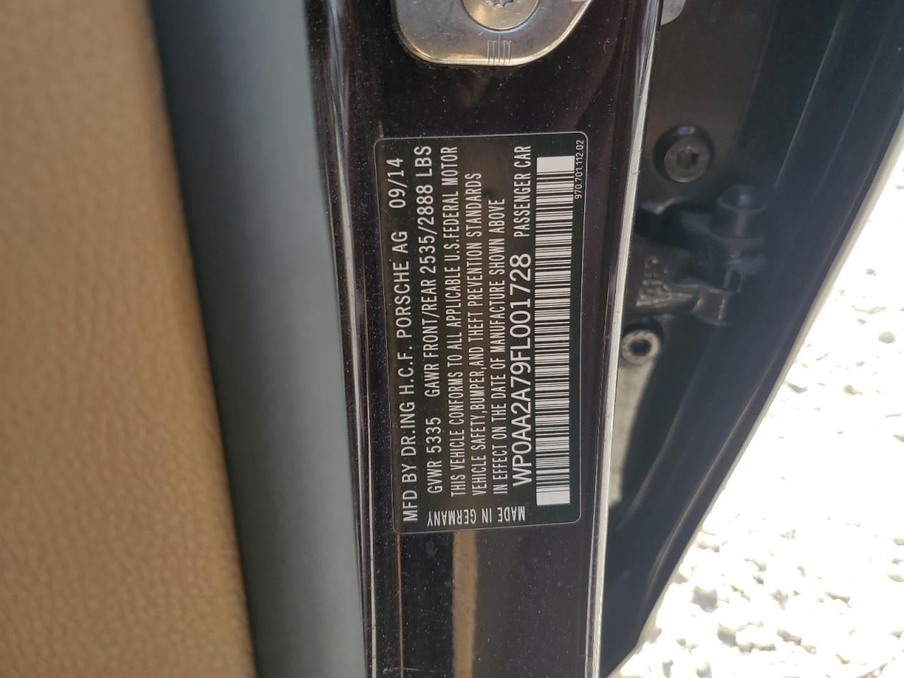 2015 Porsche Panamera 2 VIN: WP0AA2A79FL001728 Lot: 62380405