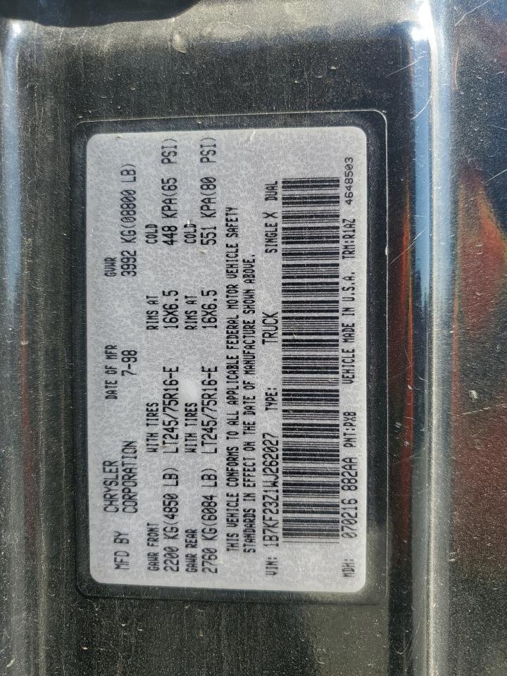 1998 Dodge Ram 2500 VIN: 1B7KF23Z1WJ262027 Lot: 59233245