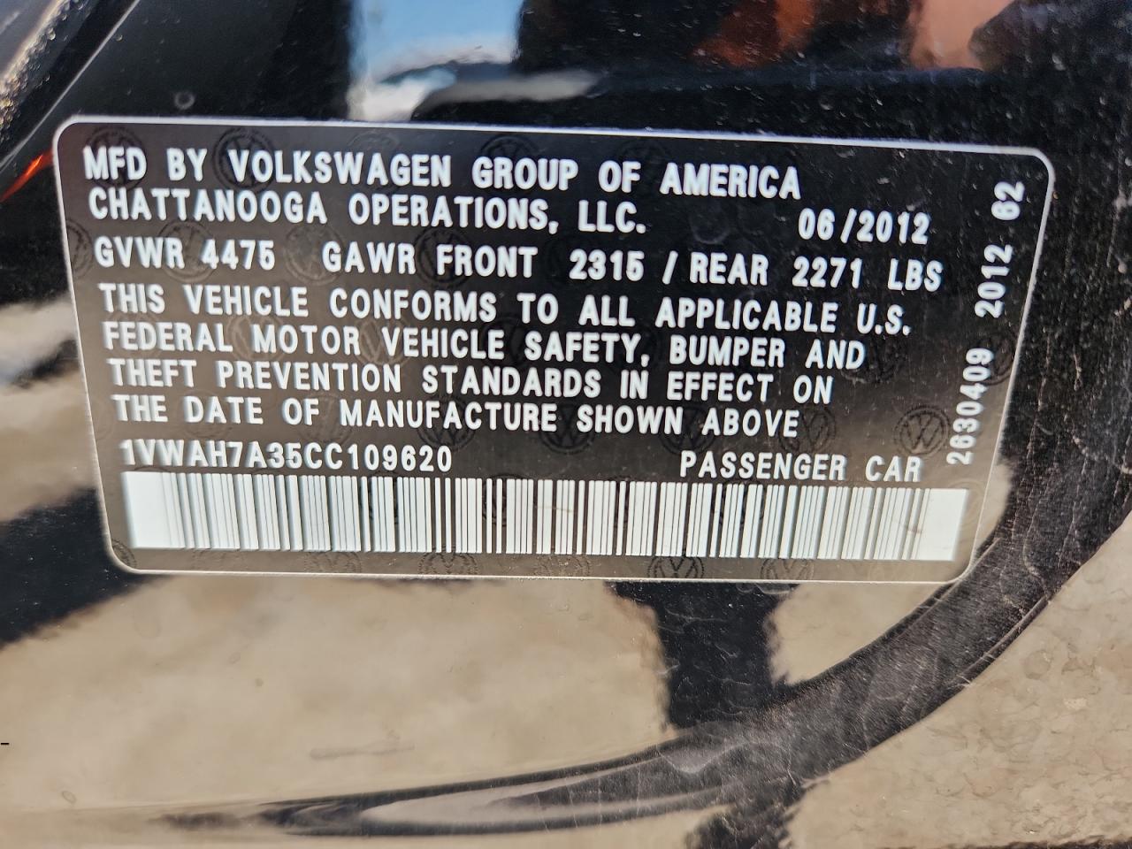 2012 Volkswagen Passat S VIN: 1VWAH7A35CC109620 Lot: 61501675