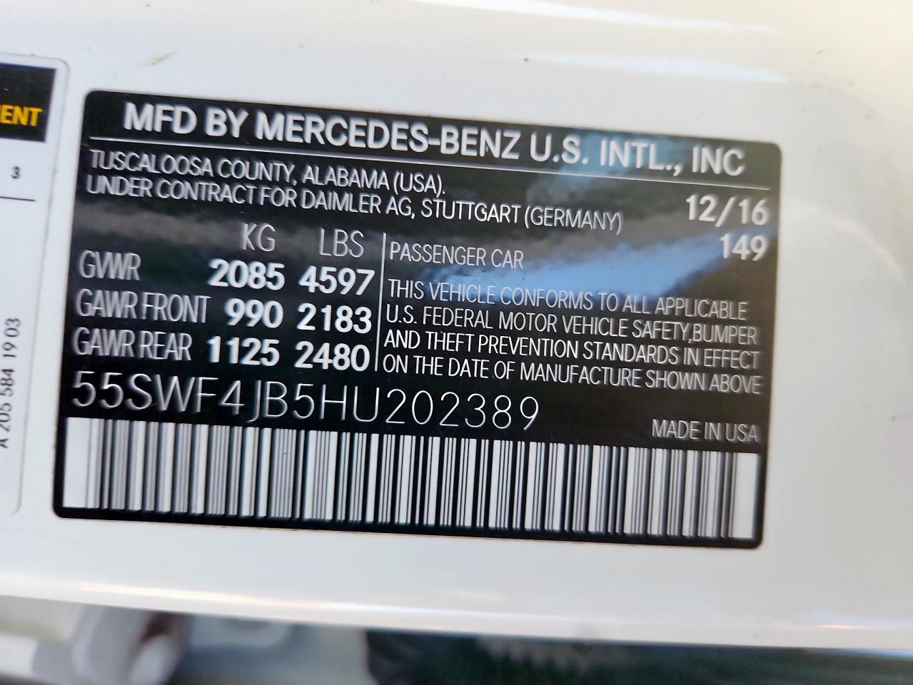 2017 Mercedes-Benz C 300 VIN: 55SWF4JB5HU202389 Lot: 62884515