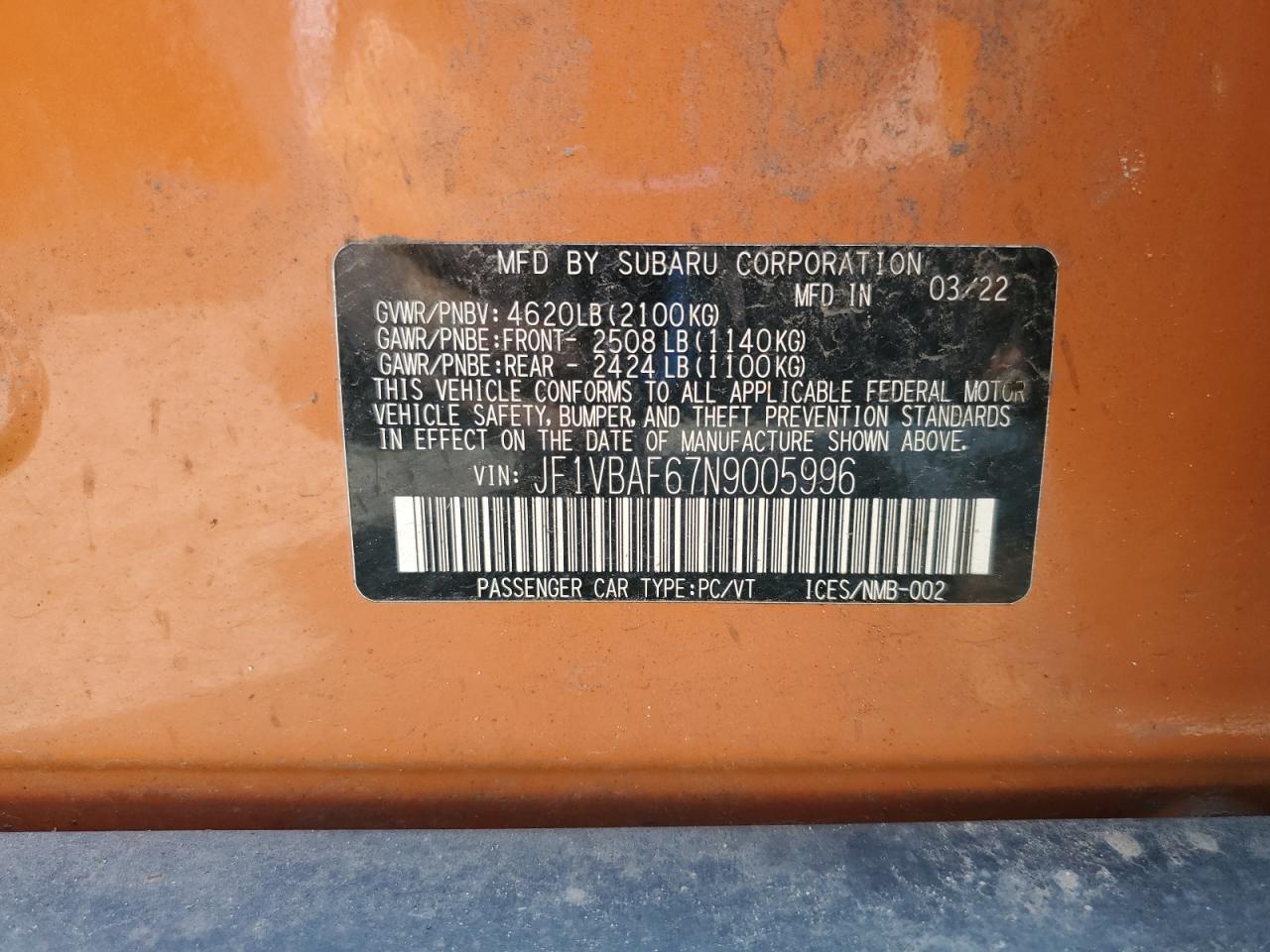 2022 Subaru Wrx Premium VIN: JF1VBAF67N9005996 Lot: 62051335