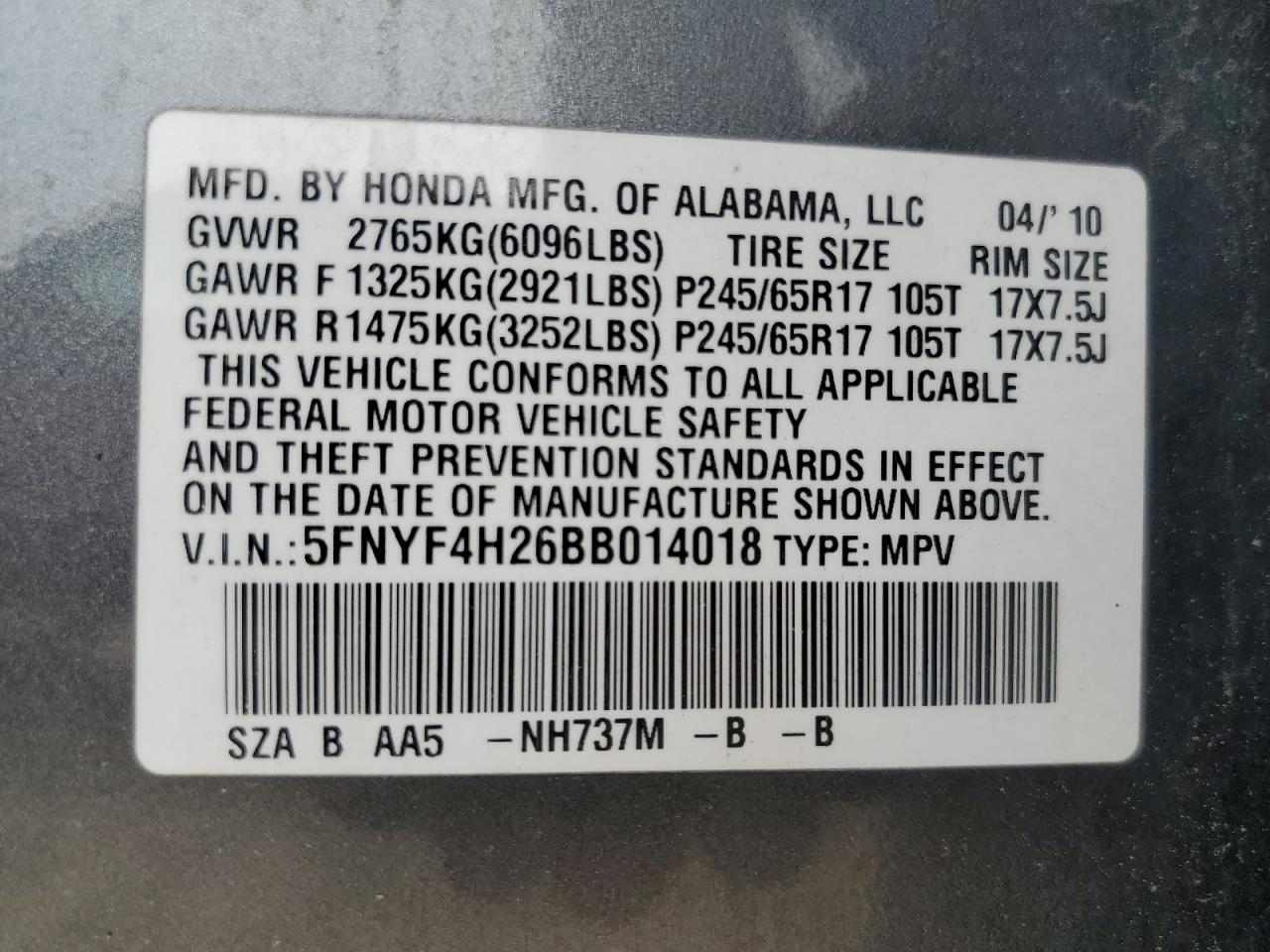 2011 Honda Pilot Lx VIN: 5FNYF4H26BB014018 Lot: 51043965