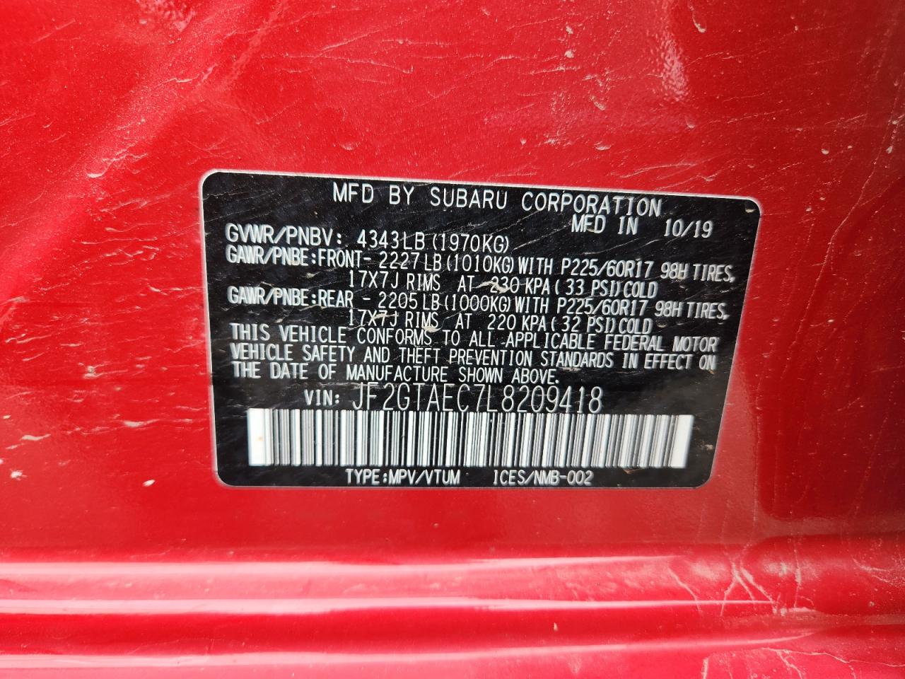 2020 Subaru Crosstrek Premium VIN: JF2GTAEC7L8209418 Lot: 62661895