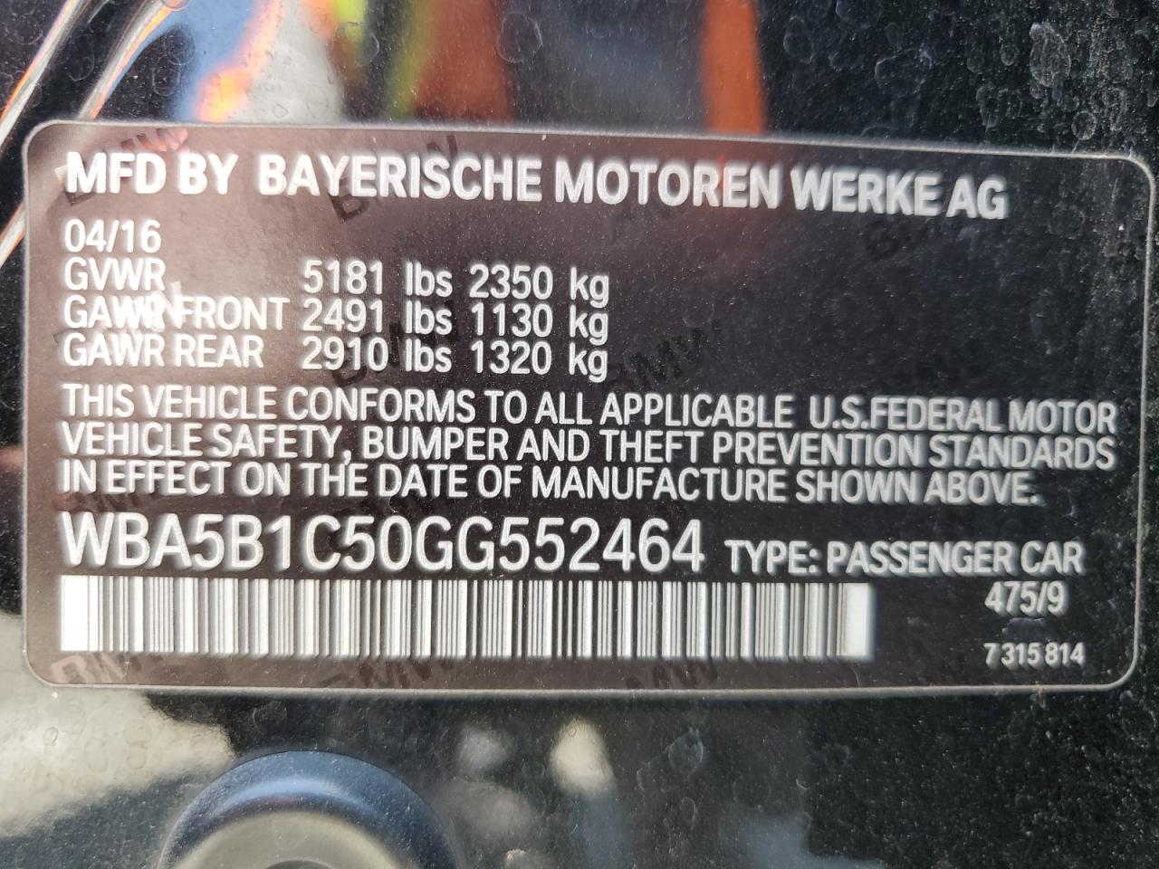 2016 BMW 535 I VIN: WBA5B1C50GG552464 Lot: 61846815