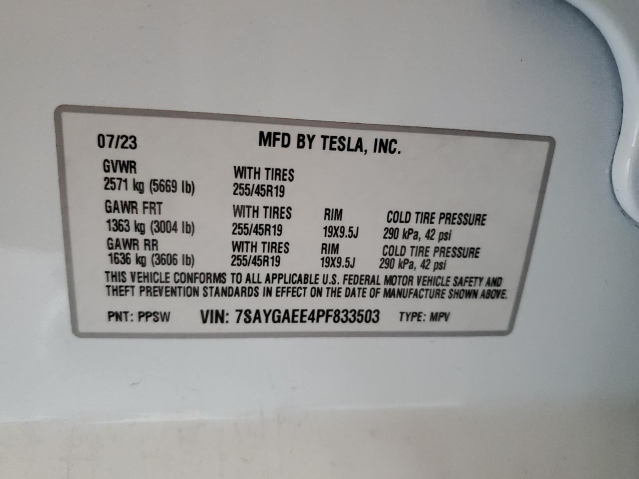 2023 Tesla Model Y VIN: 7SAYGAEE4PF833503 Lot: 62376755