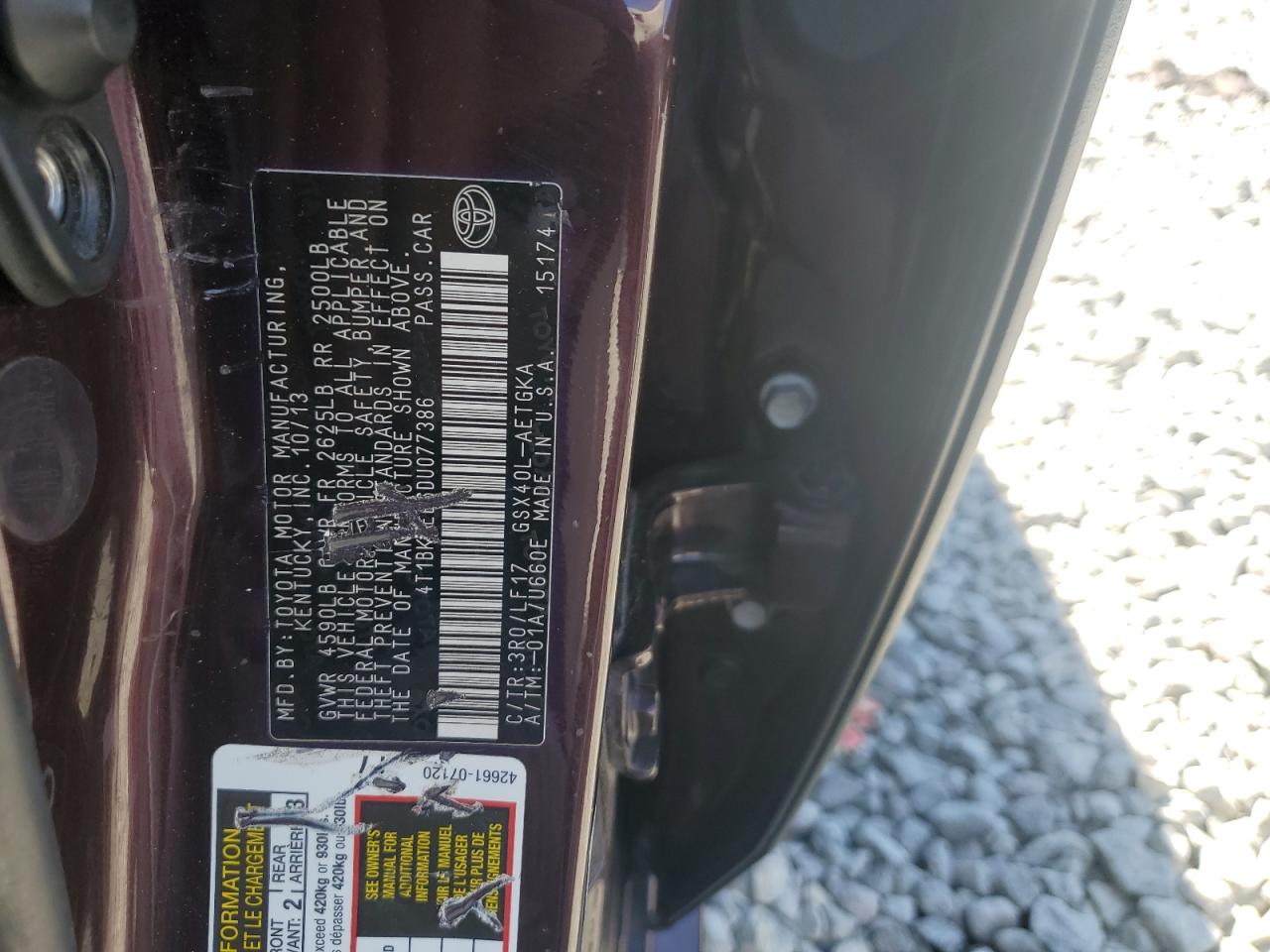 2013 Toyota Avalon Base VIN: 4T1BK1EB6DU077386 Lot: 62102655