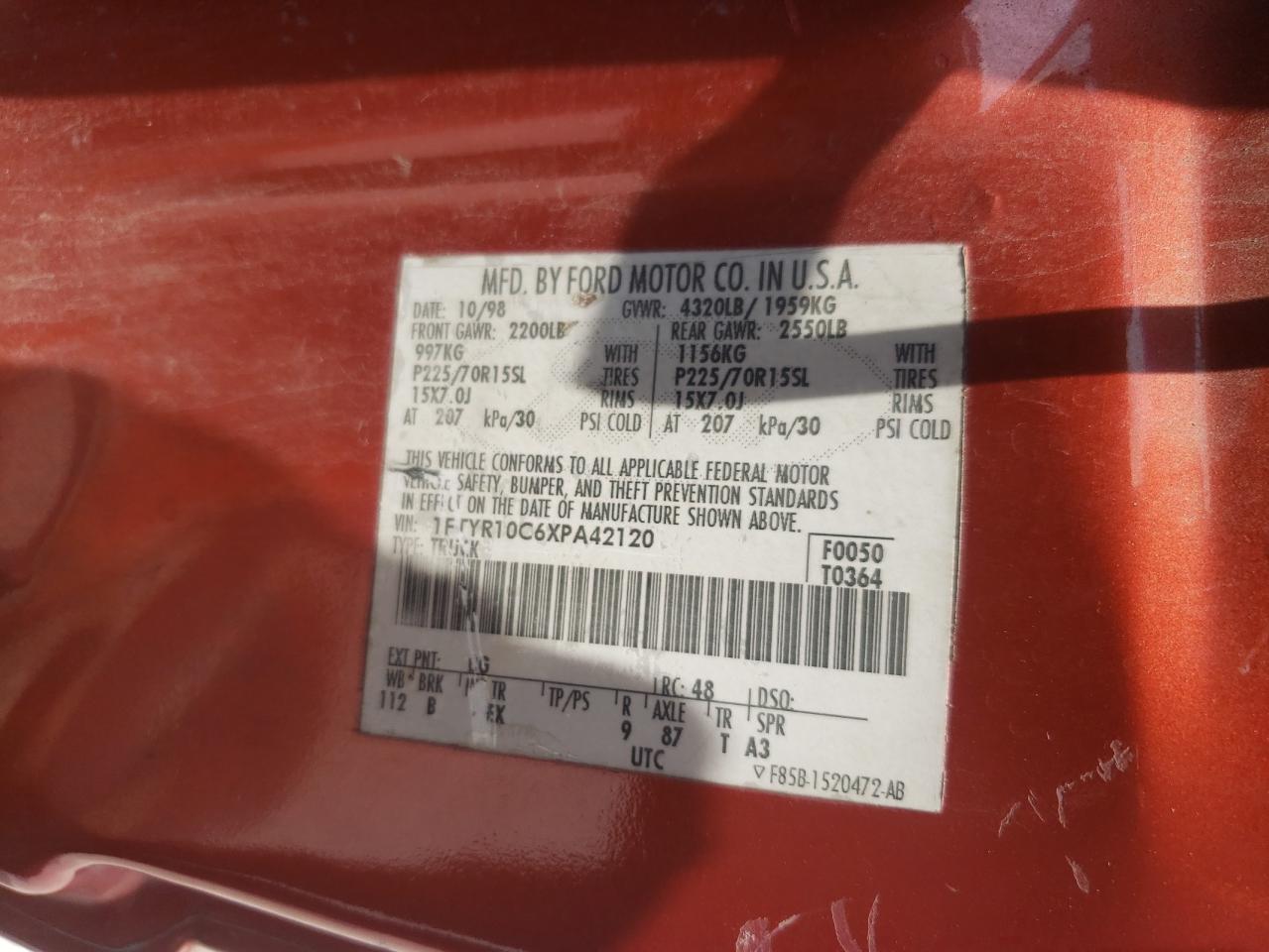 FORD RANGER 1999 VIN 1FTYR10C6XPA42120 photo 12