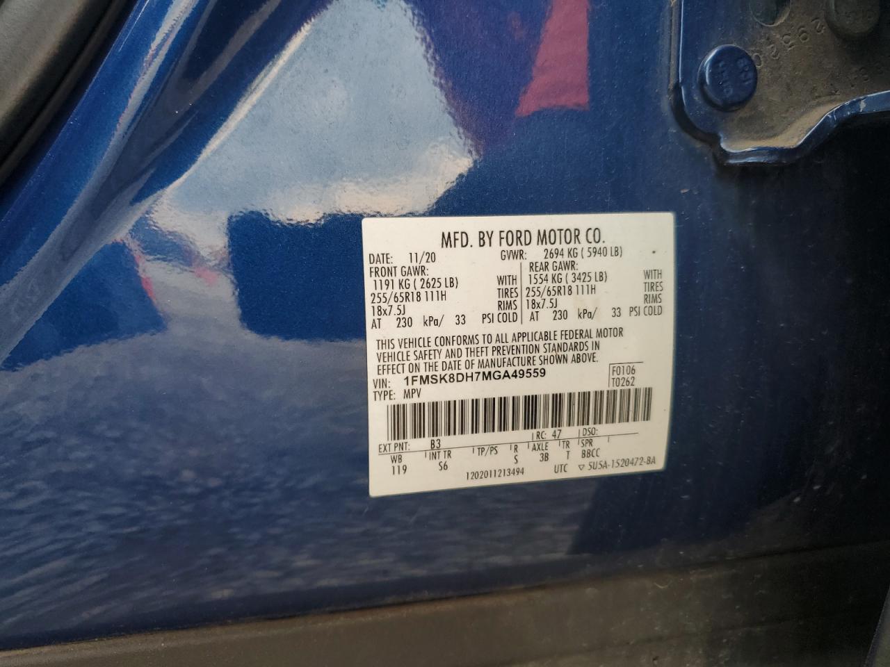 2021 Ford Explorer Xlt VIN: 1FMSK8DH7MGA49559 Lot: 61920385