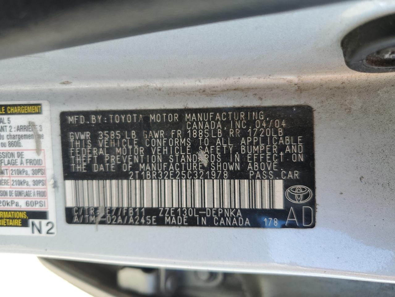 TOYOTA COROLLA 2005 VIN 2T1BR32E25C321978 фото 12