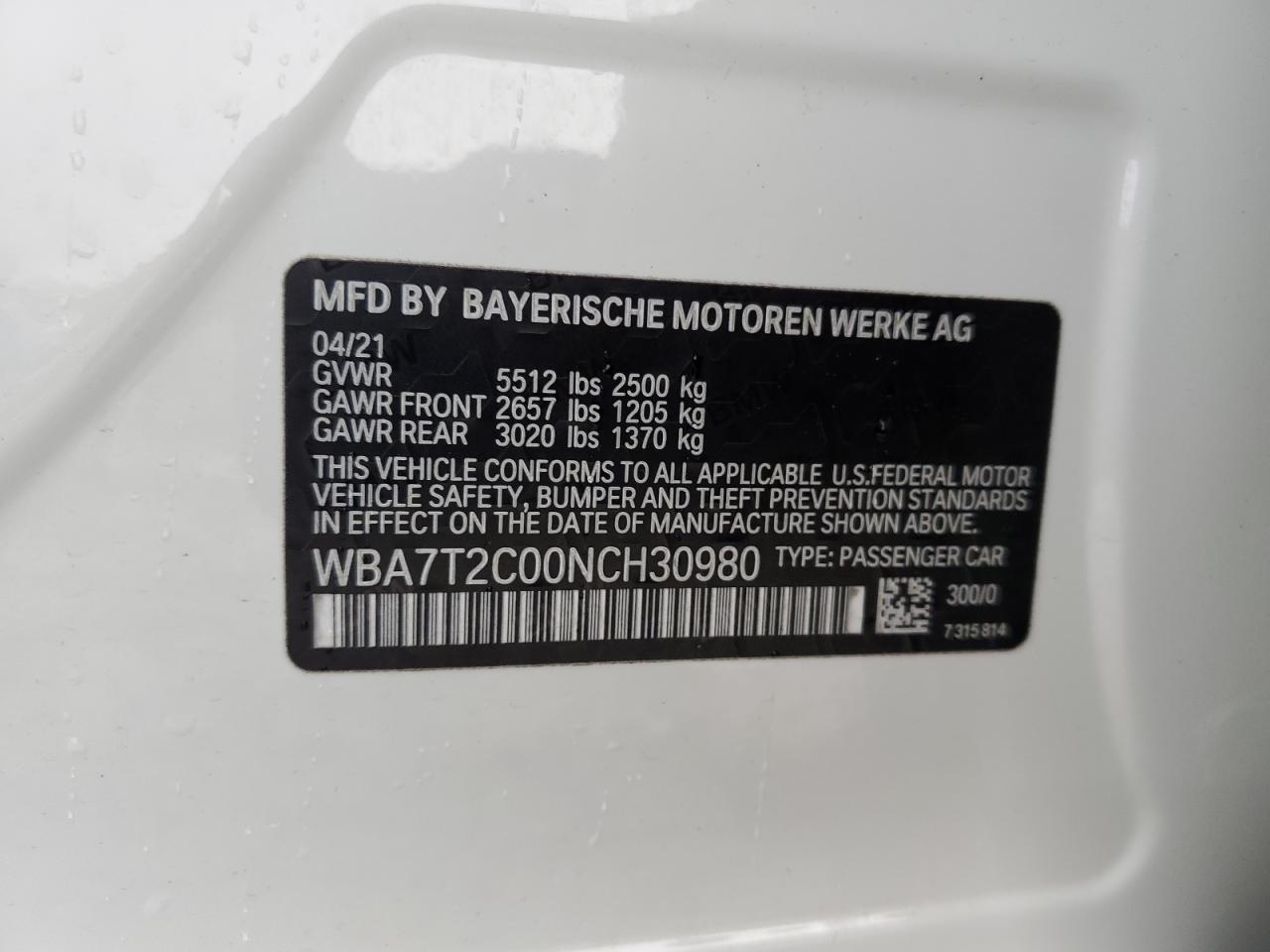 2022 BMW 740 I VIN: WBA7T2C00NCH30980 Lot: 62214905