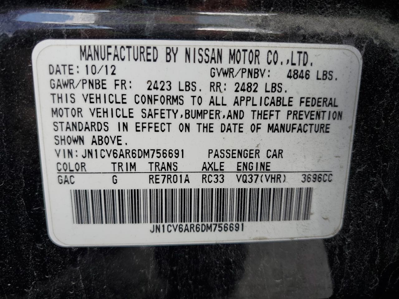 2013 Infiniti G37 VIN: JN1CV6AR6DM756691 Lot: 62868945