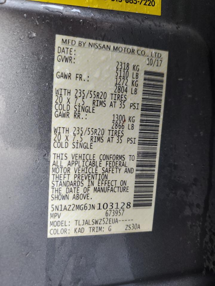 2018 Nissan Murano S VIN: 5N1AZ2MG6JN103128 Lot: 62641375