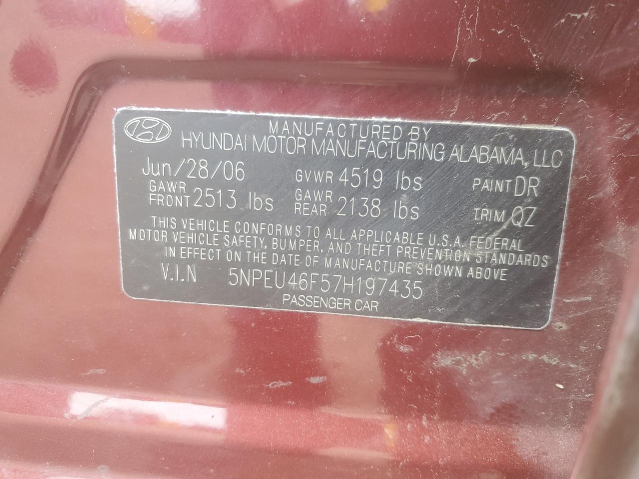 2007 Hyundai Sonata Se VIN: 5NPEU46F57H197435 Lot: 63079095