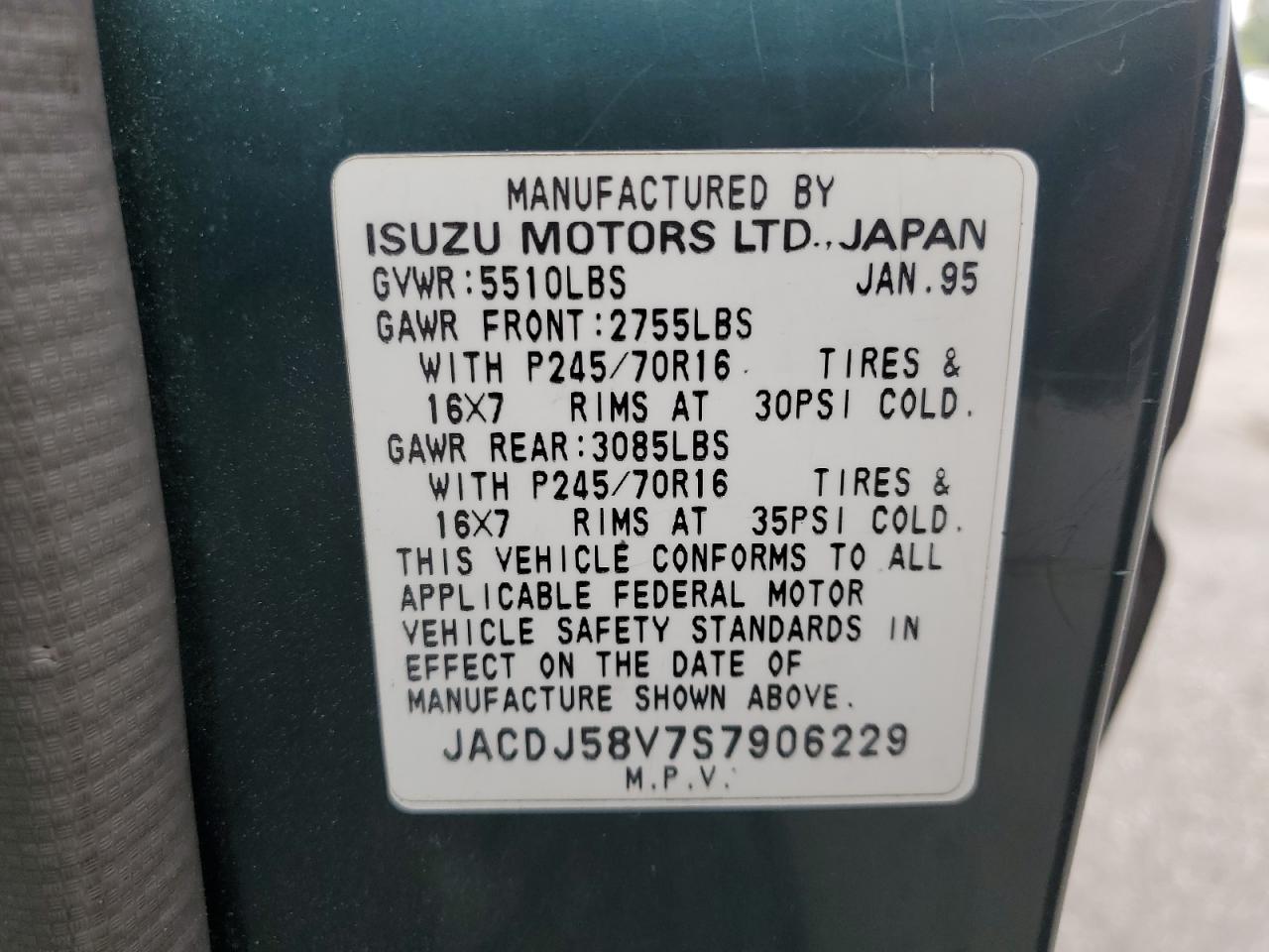 1995 Isuzu Trooper S VIN: JACDJ58V7S7906229 Lot: 62084125