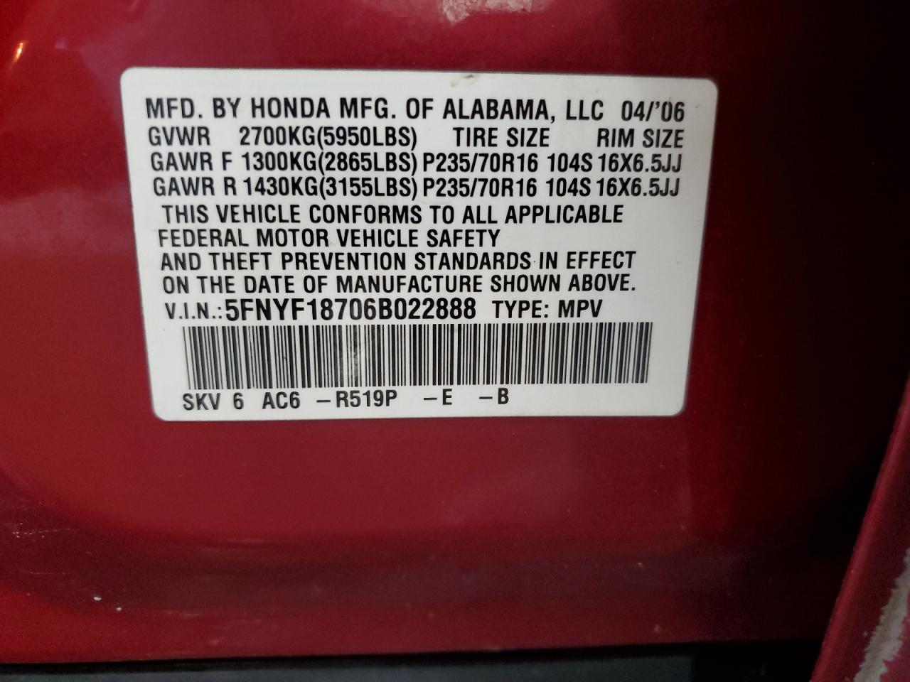 2006 Honda Pilot Ex VIN: 5FNYF18706B022888 Lot: 62461335
