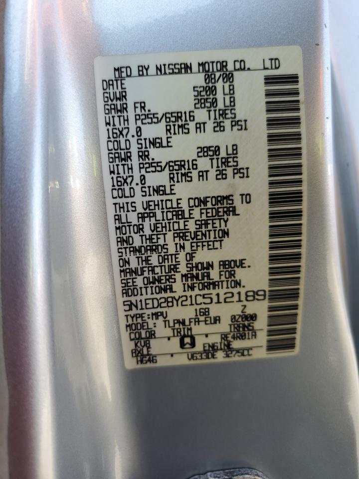 2001 Nissan Xterra Xe VIN: 5N1ED28Y21C512189 Lot: 60041565