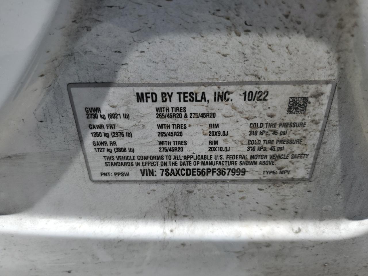 2023 Tesla Model X VIN: 7SAXCDE56PF367999 Lot: 60166305