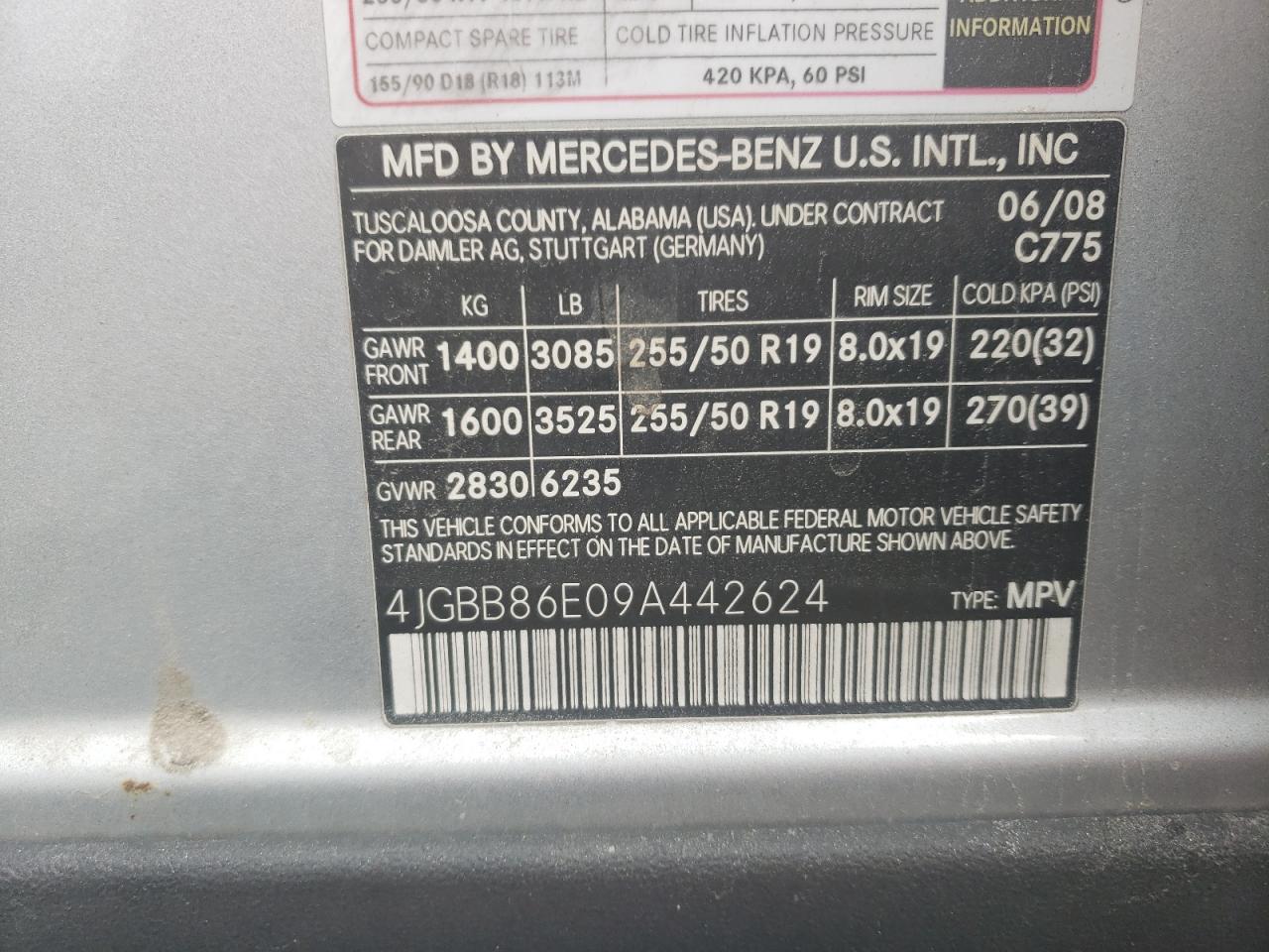 2009 Mercedes-Benz Ml 350 VIN: 4JGBB86E09A442624 Lot: 61050005