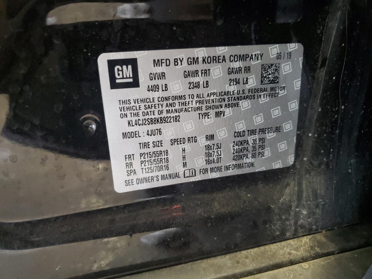 2019 Buick Encore Sport Touring VIN: KL4CJ2SB8KB922182 Lot: 61065945