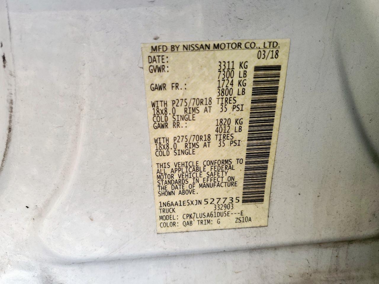 2018 Nissan Titan Sv VIN: 1N6AA1E5XJN527735 Lot: 60425545