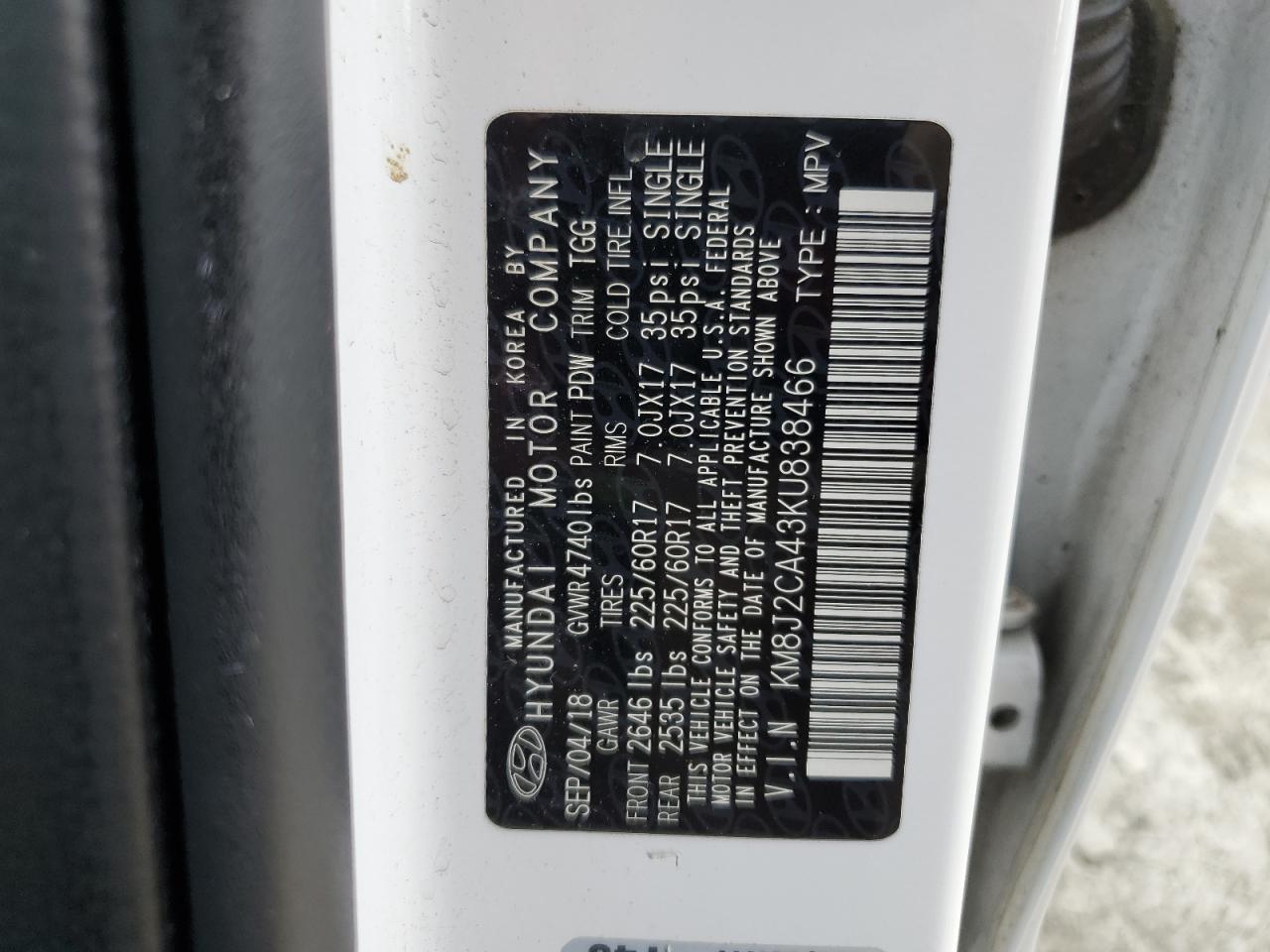 2019 Hyundai Tucson Se VIN: KM8J2CA43KU838466 Lot: 59956725