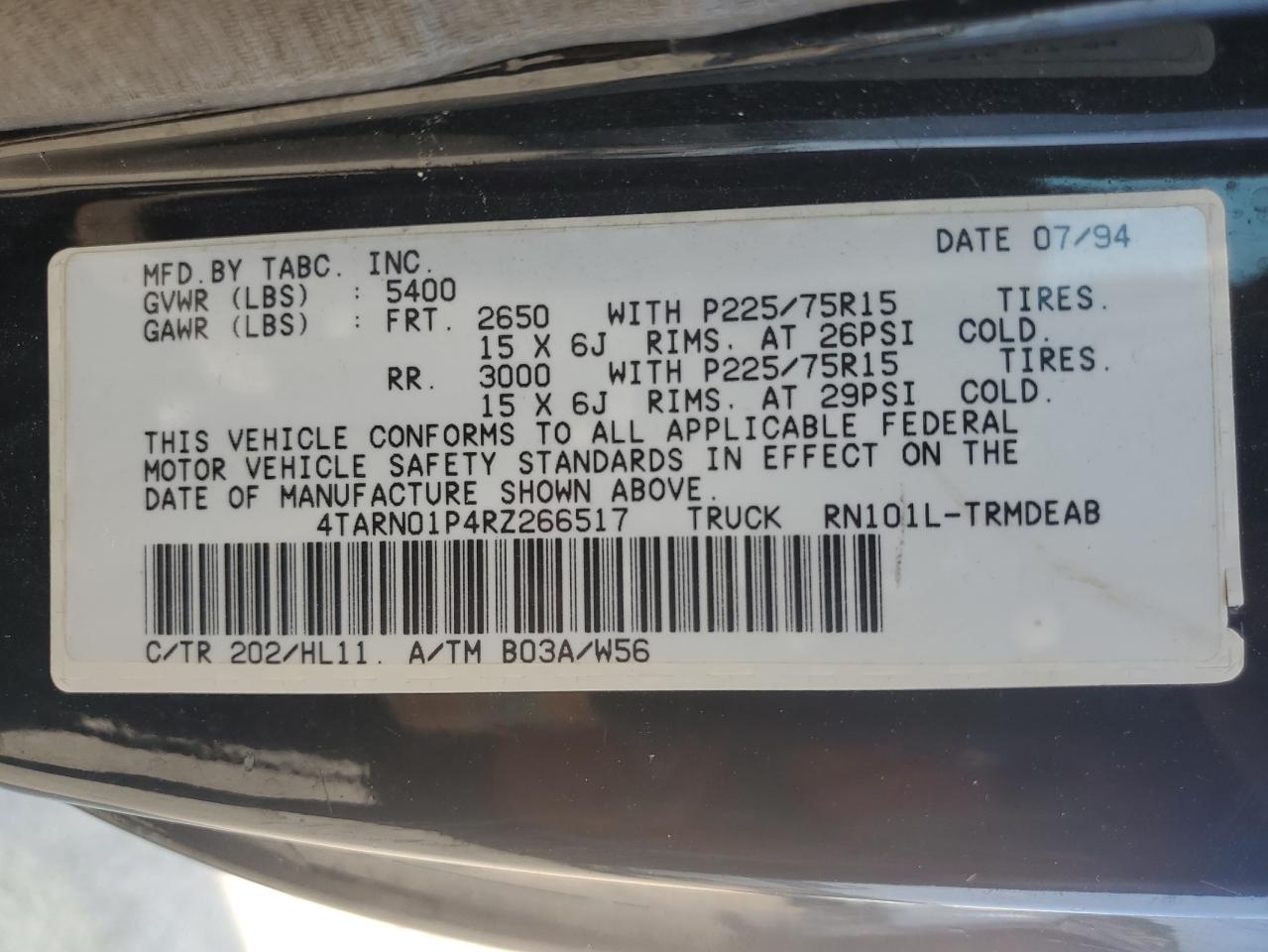 1994 Toyota Pickup 1/2 Ton Short Wheelbase Dx VIN: 4TARN01P4RZ266517 Lot: 62059455