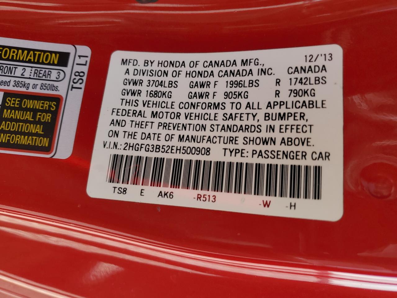 2014 Honda Civic Lx VIN: 2HGFG3B52EH500908 Lot: 60196455