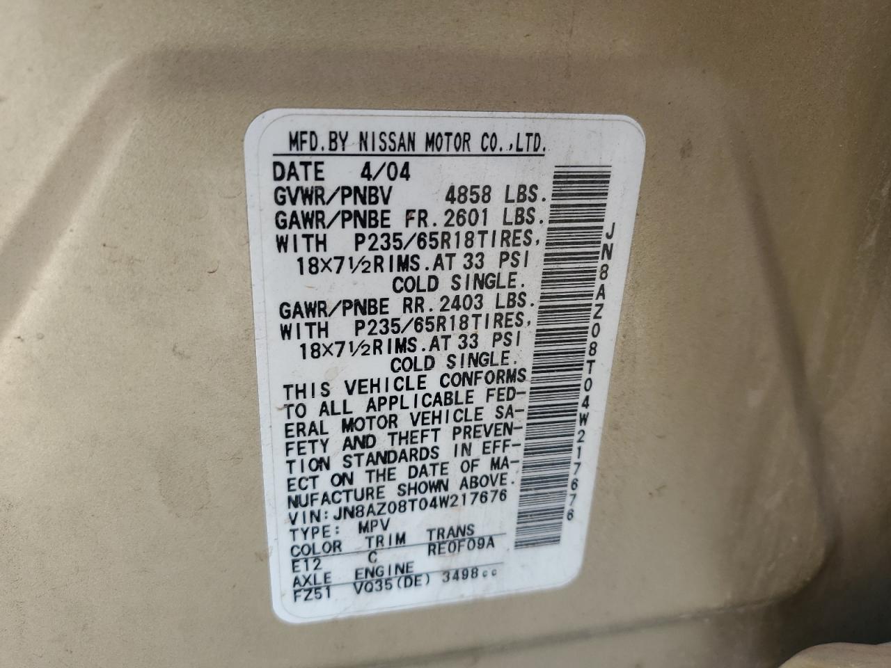 2004 Nissan Murano Sl VIN: JN8AZ08T04W217676 Lot: 62392215